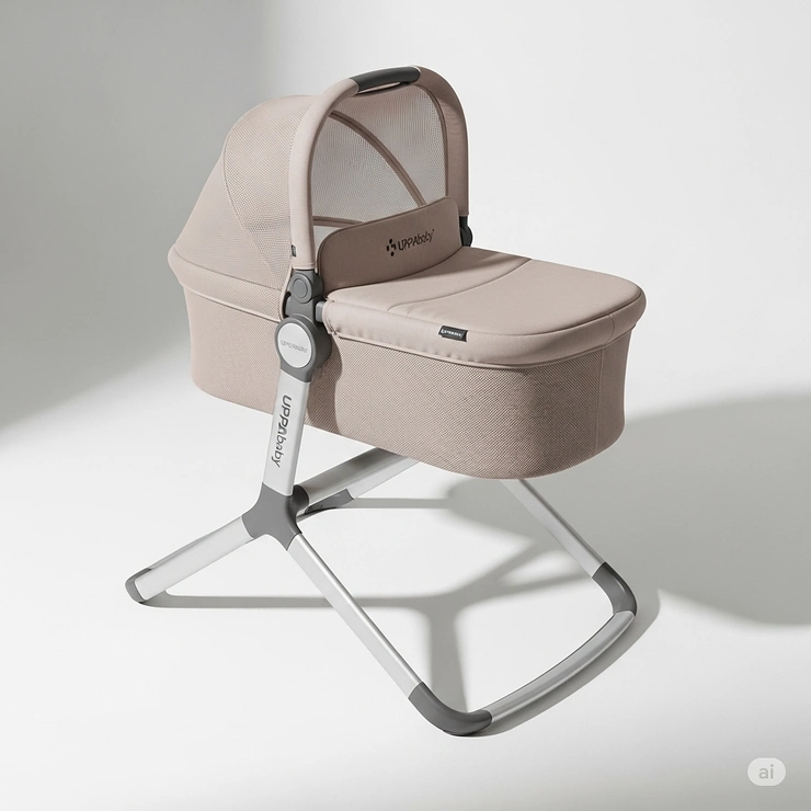 The UPPAbaby bassinet stand illustrating its compatibility with the UPPAbaby bassinet, designed for safe and secure placement.