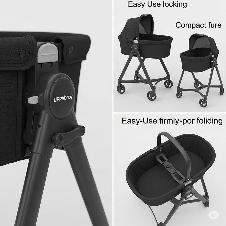 Compilation of various angles of the UPPAbaby bassinet stand, showcasing its sleek design and practical features from different perspectives.