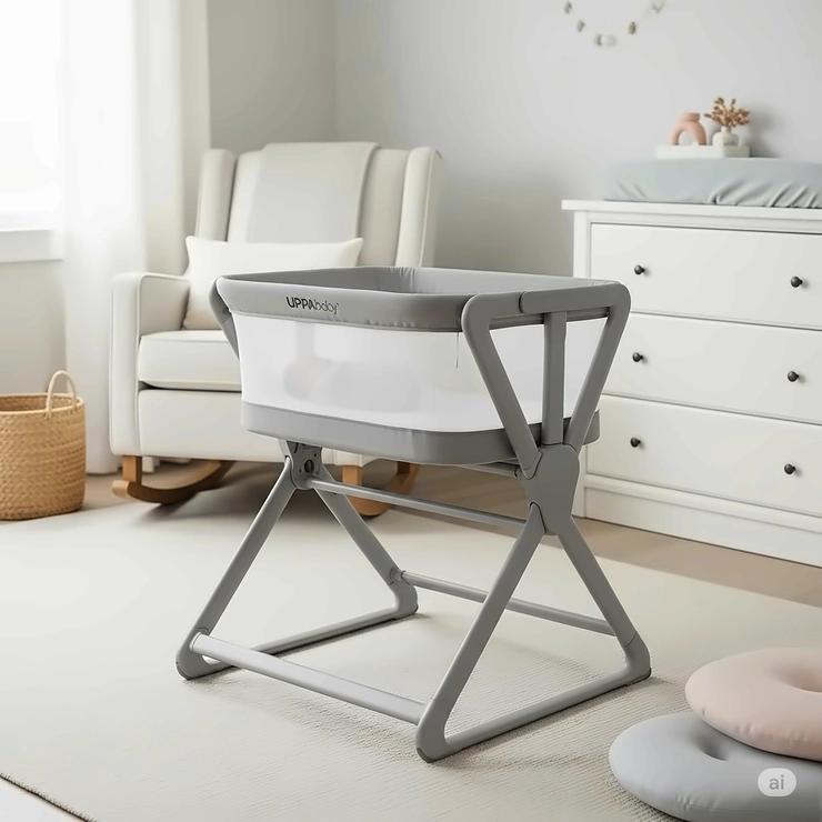 An UPPAbaby bassinet securely placed on its modern, folding bassinet stand, positioned in a bright and cozy nursery, ready for newborn sleep.