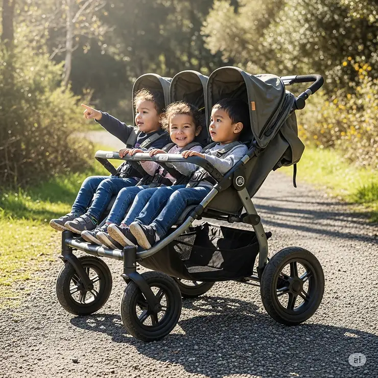 A 3 kid stroller with rugged wheels on a gravel path, emphasizing its all-terrain capability for diverse outdoor adventures.
