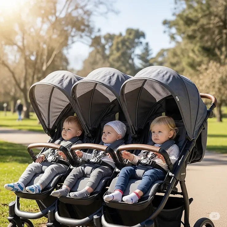 The adjustable sun canopies on a 3 kid stroller, providing shade and protection from the elements for all three kids.