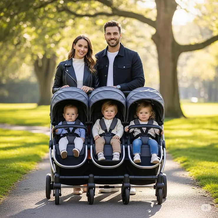 A family smiling with a versatile 3 kid stroller in a park, showing its convenience and style for modern parents with multiple children.