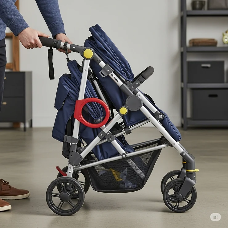 A parent effortlessly folding a 3 kid stroller for compact storage, showcasing its practical, space-saving features.