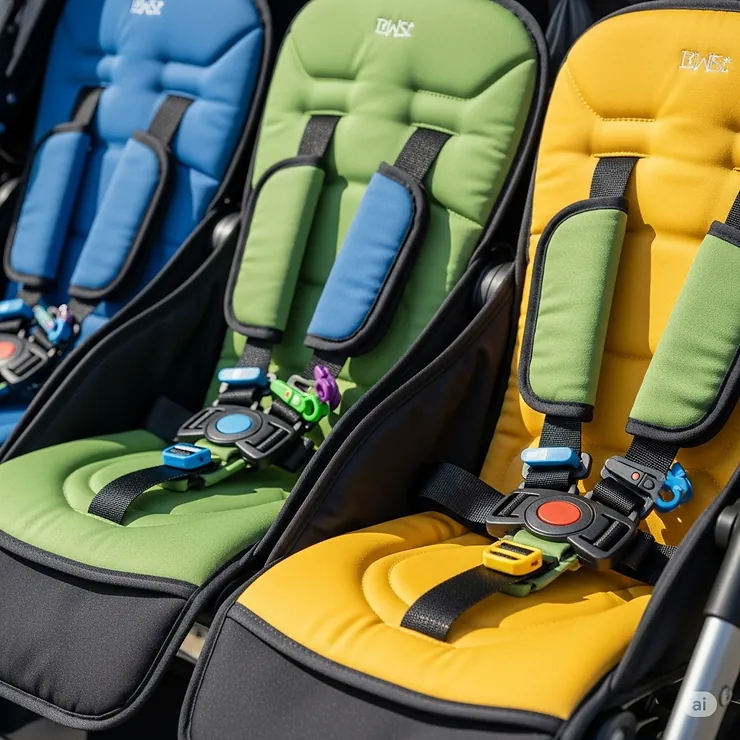 A close-up of the adjustable seating and harnesses on a 3 kid stroller, demonstrating comfort and safety for three children.