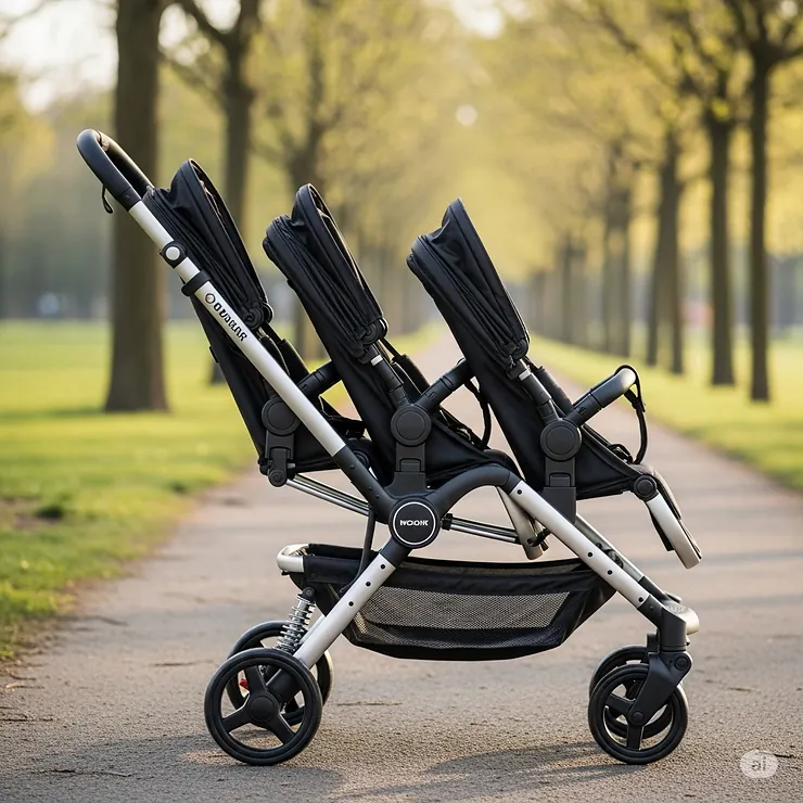 A side view of a 3 kid stroller highlighting its compact frame and ergonomic design for easy navigation.