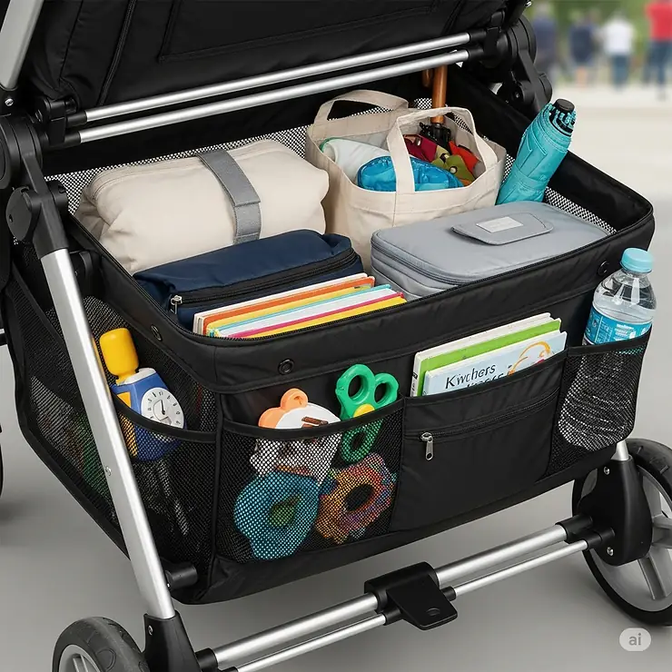 An image of the large under-seat basket and pockets on a 3 kid stroller, illustrating ample storage for shopping or travel essentials.