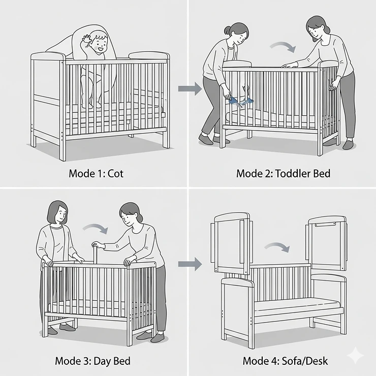 Step-by-step illustration showing the simple conversion process for the 4 in 1 convertible cot, highlighting the ease of transition between its four modes.