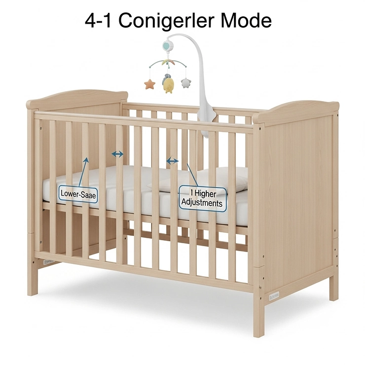 Illustration showing the 4 in 1 convertible cot in its standard crib mode, highlighting the adjustable mattress height and a secure, non-toxic finish.