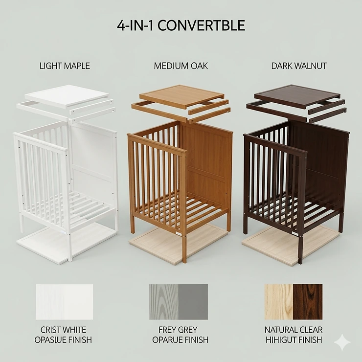 A visual of the different wood types and non-toxic finish options available for the 4 in 1 convertible cot, such as white, grey, or natural wood.