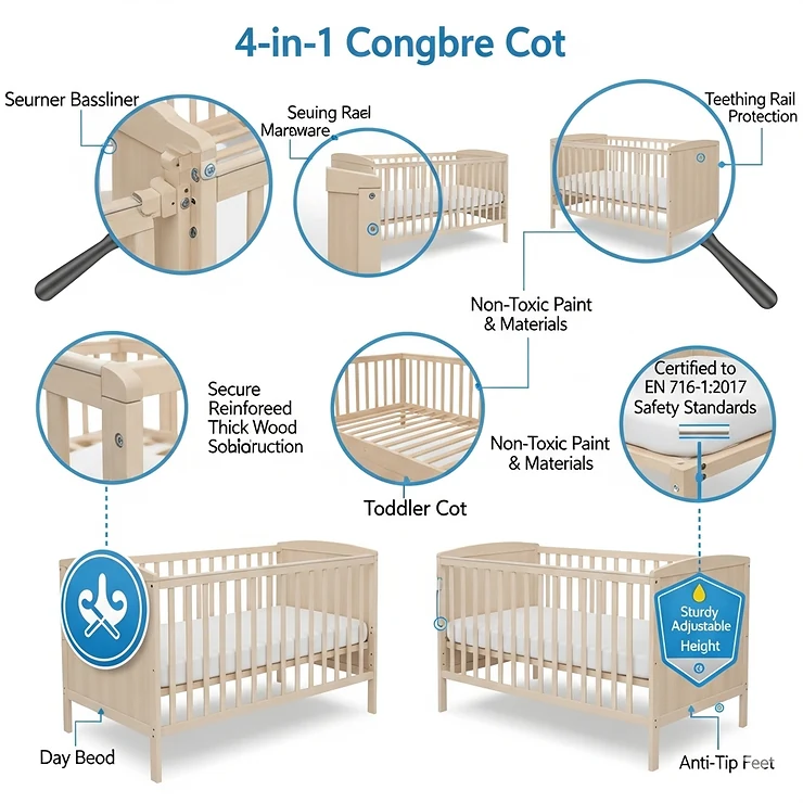 Close-up illustration detailing the key safety features of the 4 in 1 convertible cot, including sturdy construction, non-toxic materials, and certified safety standards.