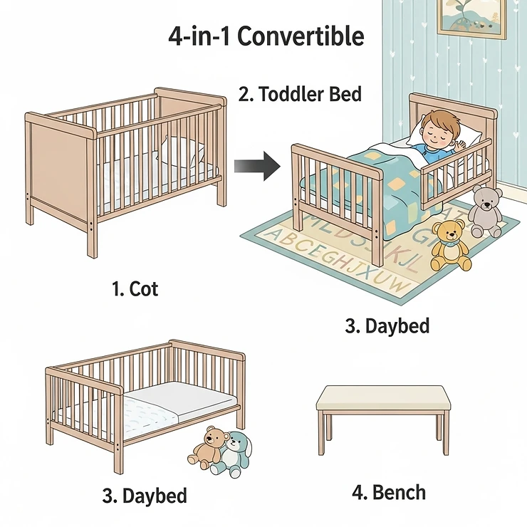An illustration demonstrating how the 4 in 1 convertible cot easily converts into a safe toddler bed with a low-to-the-ground design and a partial safety rail.