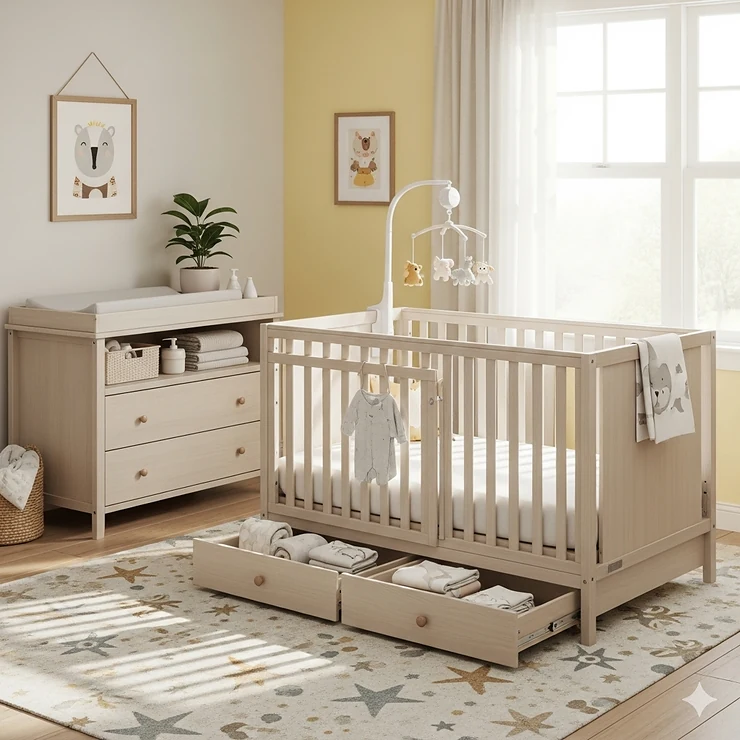 An illustration of the 4 in 1 convertible cot in a complete nursery setting, showcasing how it pairs perfectly with optional under-cot storage drawers or a matching changing table.