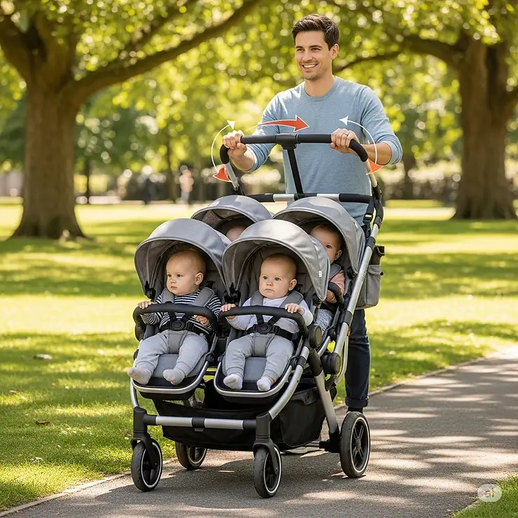 A parent pushing a four-seater pram, demonstrating the ergonomic and adjustable handlebar for comfortable steering.