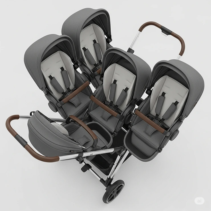 An overhead view showing the adjustable seating options of the four-seater pram, including forward-facing and rear-facing positions.