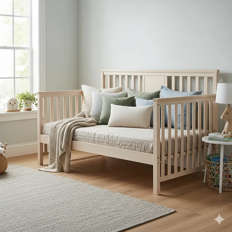 The 5-in-1 crib is effortlessly converted into a stylish daybed, perfect for a child's room or guest space.