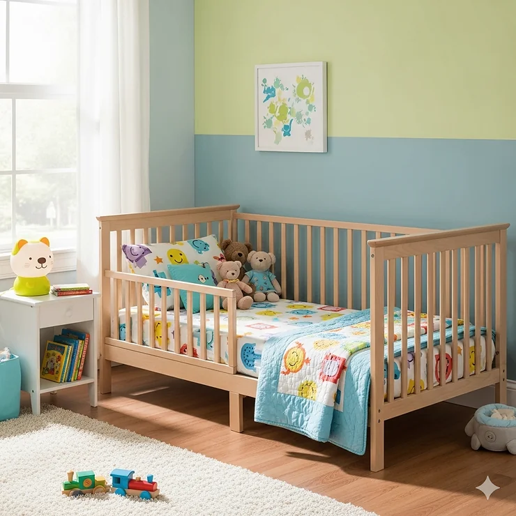 A 5-in-1 crib configured as a toddler bed, offering independence and safety for growing children.