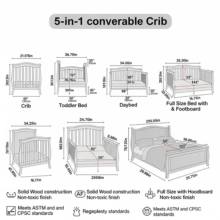 A detailed diagram showing the dimensions and specifications of the 5-in-1 crib in its various modes.