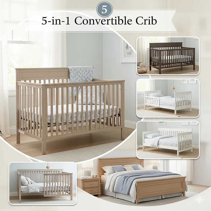A versatile 5-in-1 crib transforms into a full-sized crib, a toddler bed, a daybed, and a full-sized bed with both a headboard and footboard. Each stage is depicted within a single, dynamic image, showcasing the crib's adaptability in a bright, airy nursery setting.