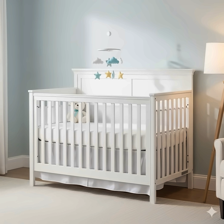 A beautiful white 5-in-1 convertible crib in its crib configuration, ready for a newborn.