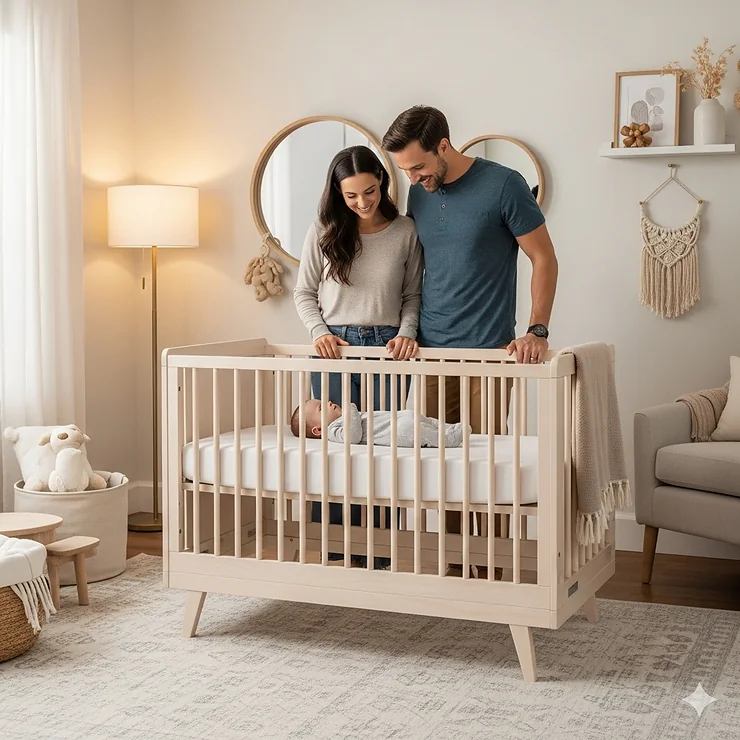 A lifestyle image of a happy family with their child sleeping soundly in a 5-in-1 convertible crib in a modern nursery.
