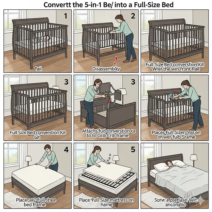 A step-by-step guide illustrating how to transform the versatile 5-in-1 crib into a full-size bed.