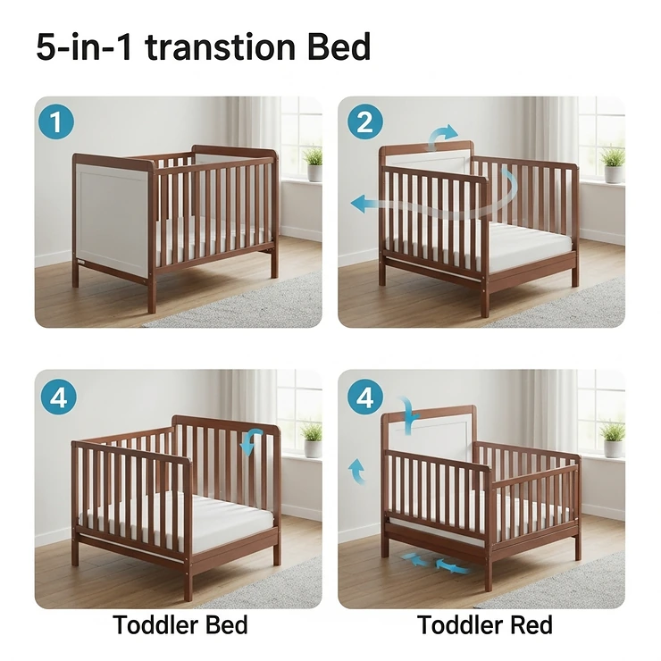 An illustration showing the simple transition of the 5-in-1 crib into a toddler bed with a safety rail.