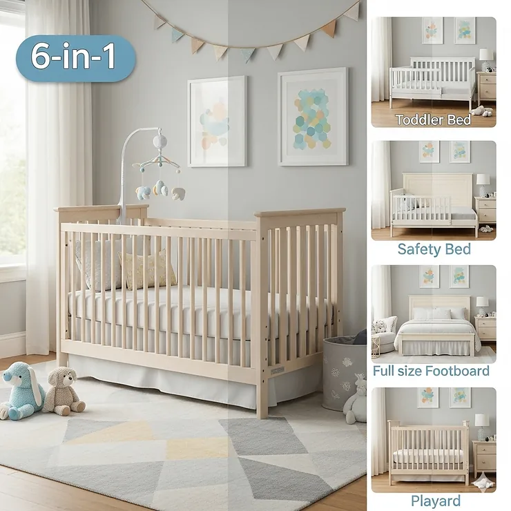 A beautiful white 6-in-1 convertible crib set up in a modern baby nursery, with inset images showing its different configurations as a toddler bed, daybed, and full-size bed.