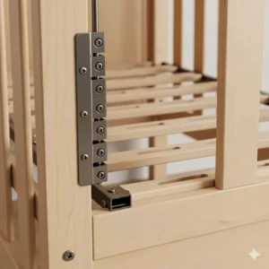 A close-up shot highlighting the adjustable mattress height feature of the 6-in-1 convertible crib.