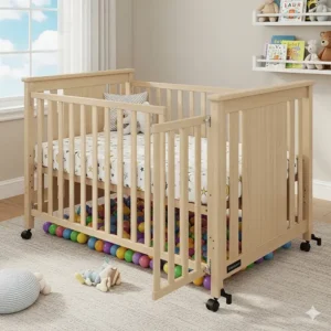 The 6-in-1 crib with the side removed, functioning as a playpen for safe and fun play.