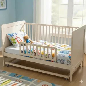 A 6-in-1 convertible crib transformed into a toddler bed with a protective safety rail.