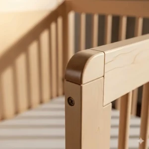 A detailed close-up showing the quality of the solid wood and craftsmanship of the 6-in-1 crib.