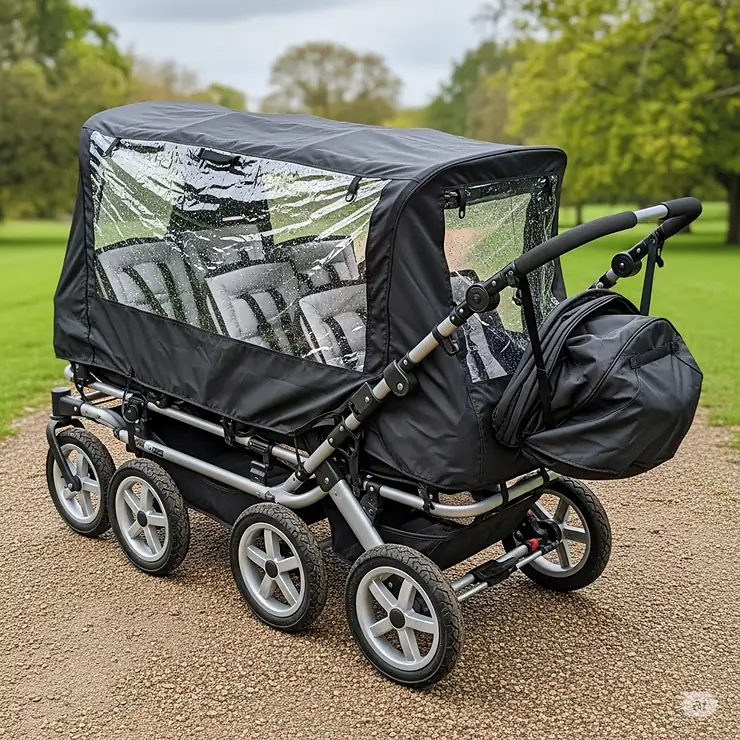 An image of a six-seater pram with a protective rain cover and sun canopy, emphasizing its suitability for all weather conditions and outdoor adventures.