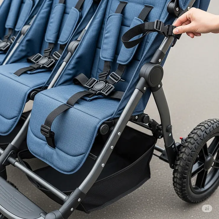 Close-up of a 6 seater pram's safety features, including the robust frame, adjustable seats, and all-terrain wheels, highlighting its durable construction.