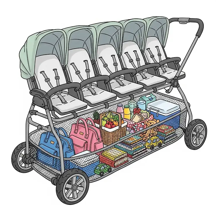 An illustration of the ample storage space underneath a 6 seater pram, perfect for carrying diaper bags, snacks, and other essentials for multiple children.