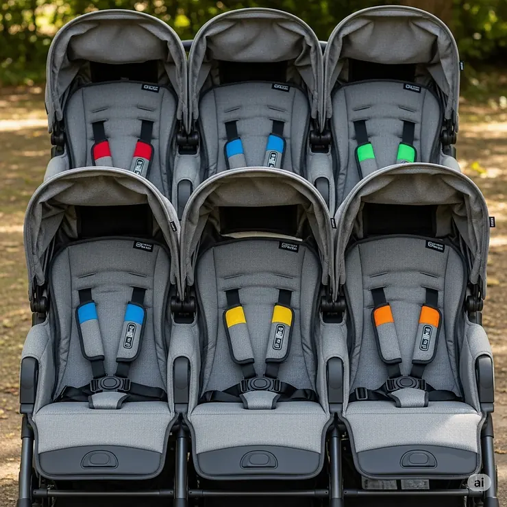 A detailed view of the individual adjustable seats in a 6 seater pram, designed to accommodate children of various ages and sizes.
