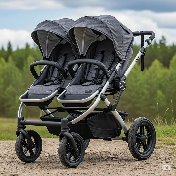 An all-terrain twin stroller with large, durable wheels, designed for various surfaces.