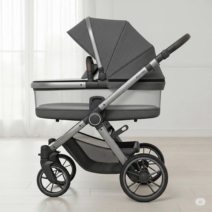 A side view of a modern gray baby bassinet stroller with a detachable bassinet, large wheels, and an adjustable canopy, suitable for newborns.