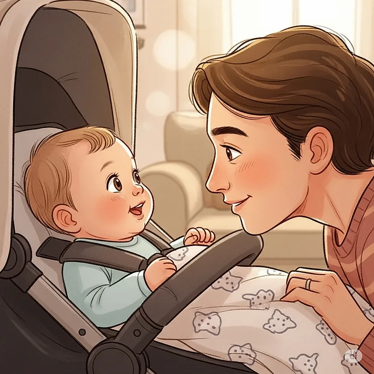 Illustration of a parent and baby making eye contact in a cozy rear-facing stroller.