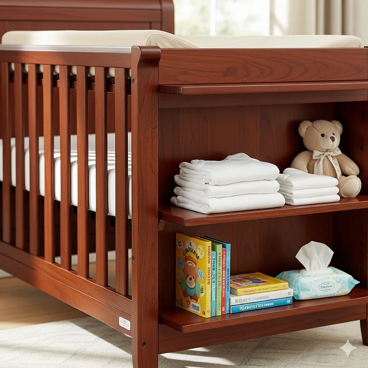 A close-up view of a dark wood crib with an attached changing station and two shelves for baby essentials.