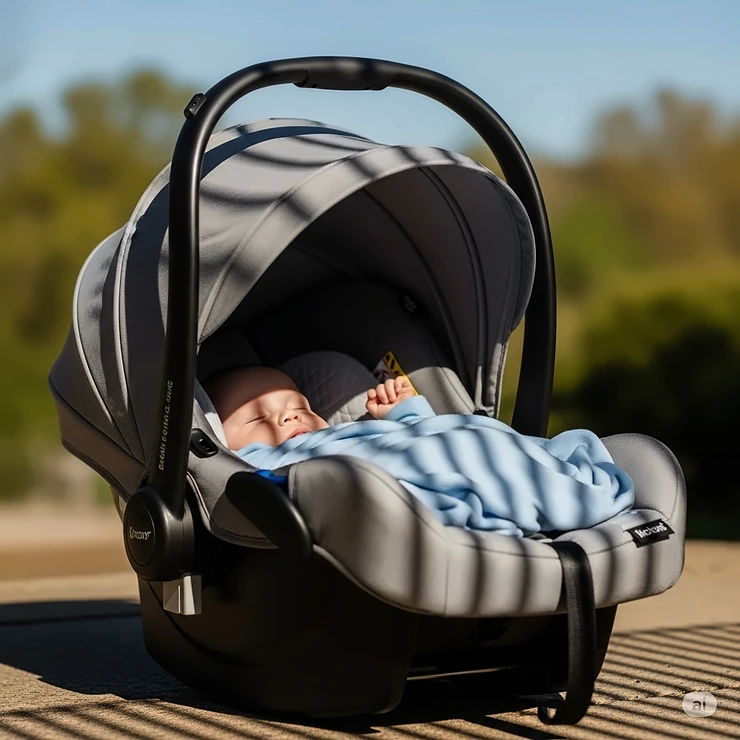 The bassinet infant car seat with its adjustable, UPF-rated sun canopy fully extended to protect the baby from the sun.