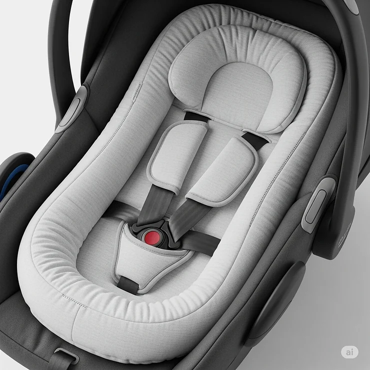 A detailed image of the removable newborn infant insert within the bassinet car seat for a snug and secure fit.