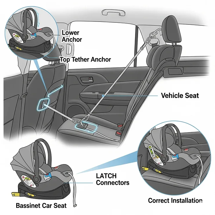A diagram illustrating the proper installation of a bassinet car seat in a vehicle using the LATCH system.