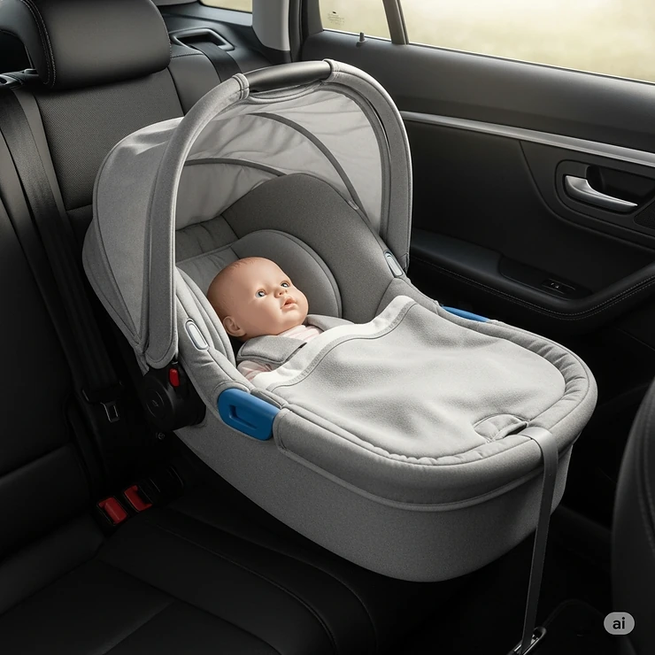 A view of the bassinet car seat fully reclined into the lay-flat bassinet position, ideal for extended trips.