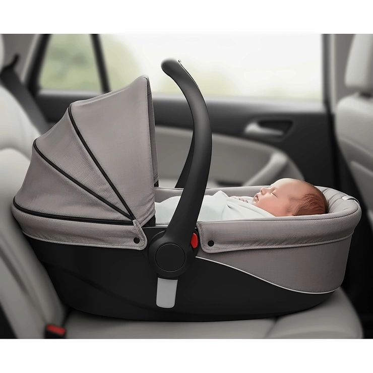 A side view of a bassinet car seat with a newborn sleeping peacefully inside, highlighting its lay-flat travel convenience.