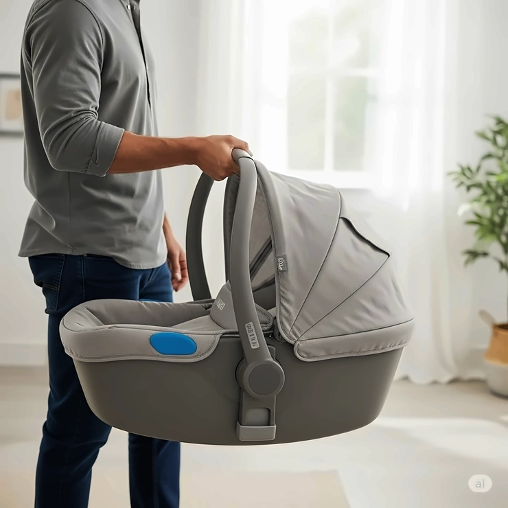 A parent holding the bassinet car seat by its ergonomic carry handle, emphasizing its portability.