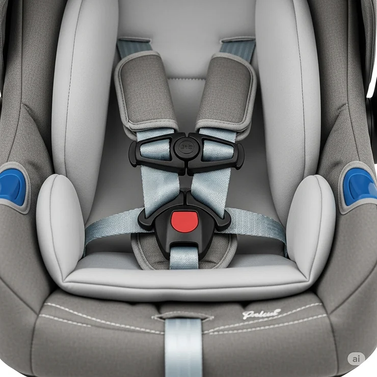 Close-up of the safety features on a bassinet infant car seat, including the five-point harness and side-impact protection.