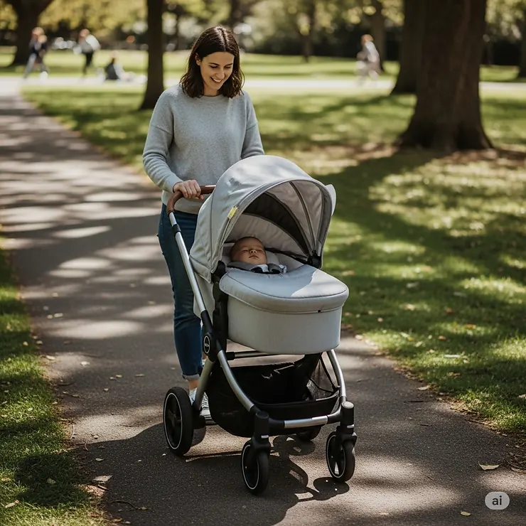 A lifestyle photo of a parent pushing a bassinet stroller in bassinet mode, with the canopy providing shade.