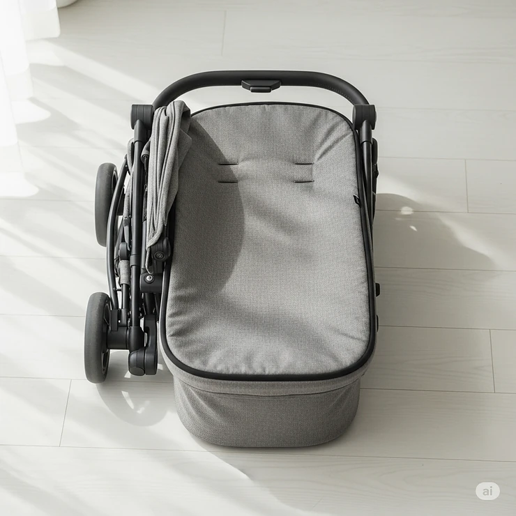 An image of a bassinet stroller in a compact, folded position, demonstrating its portability and easy storage for travel.