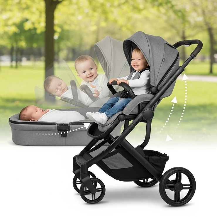 A visual representation of the adjustable recline feature on a bassinet stroller seat, showcasing its versatility for infants and toddlers.