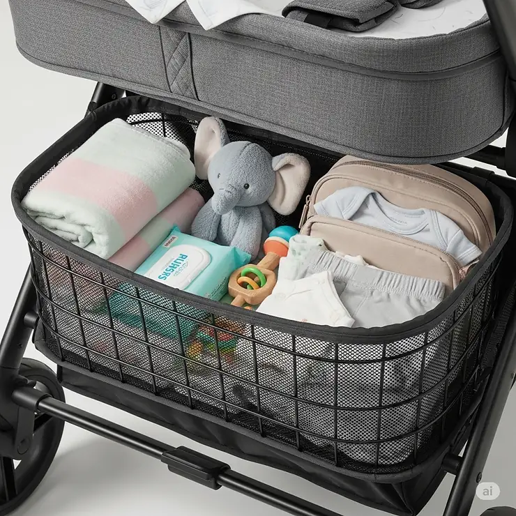 An image of the large, accessible storage basket underneath a bassinet stroller, perfect for holding baby essentials.